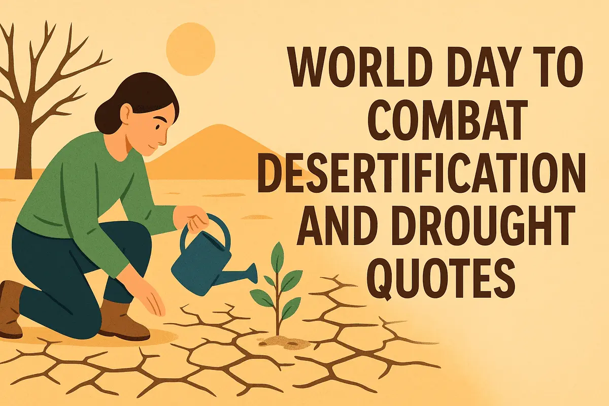 Illustration of a person watering a plant on cracked earth for World Day to Combat Desertification and Drought quotes.