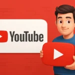 YouTube logo with 3D cartoon character holding play icon