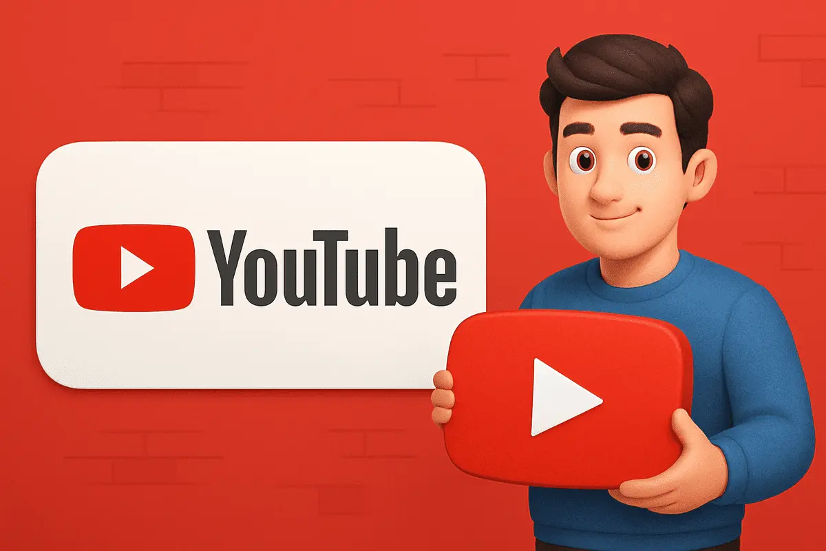 YouTube logo with 3D cartoon character holding play icon