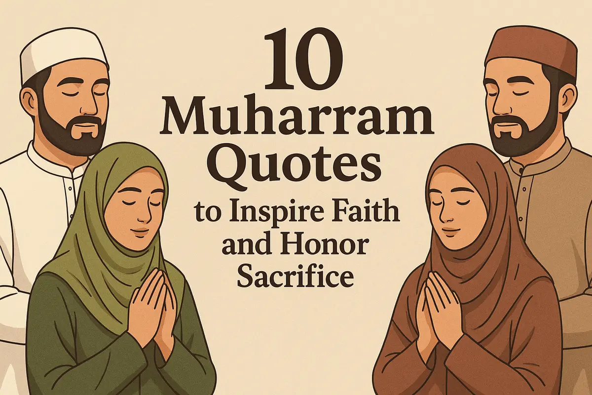 Muslim couples praying with text overlay of 10 Muharram quotes to inspire faith and honor sacrifice