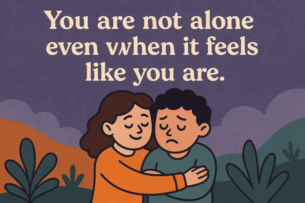 Quotes about mental health with cartoon characters showing emotional support