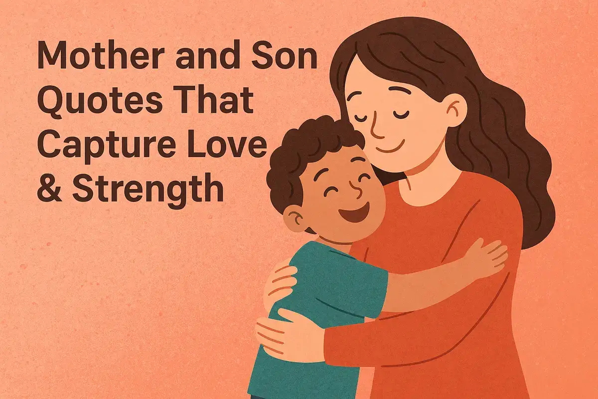 Cartoon of loving hug with text — mother and son quotes about love and strength