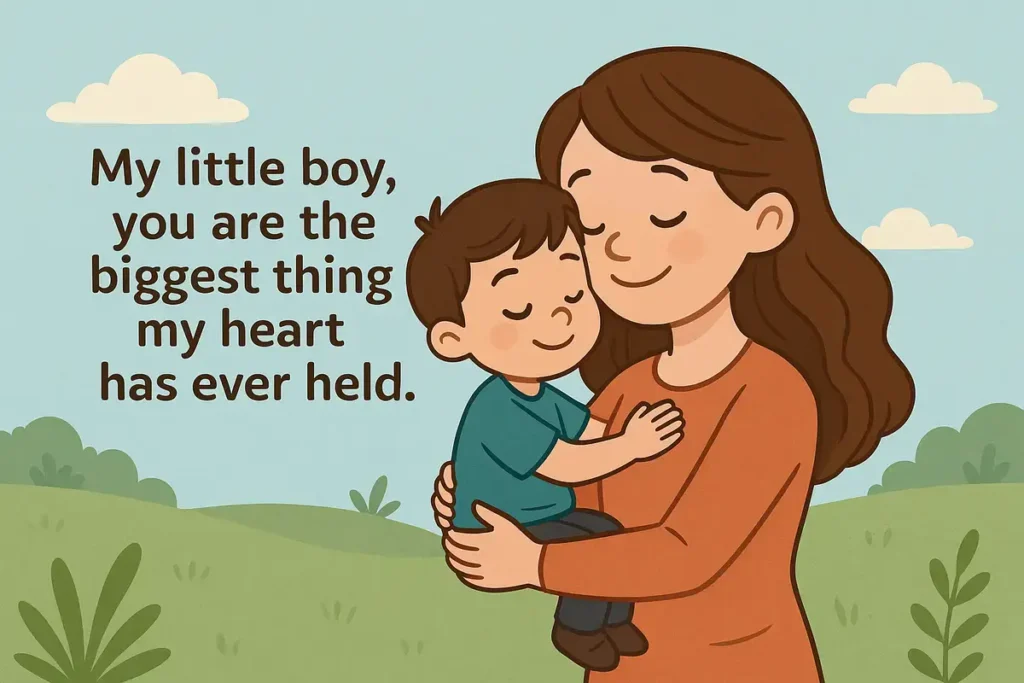 Mother hugging son in field with quote, Mother and son quotes