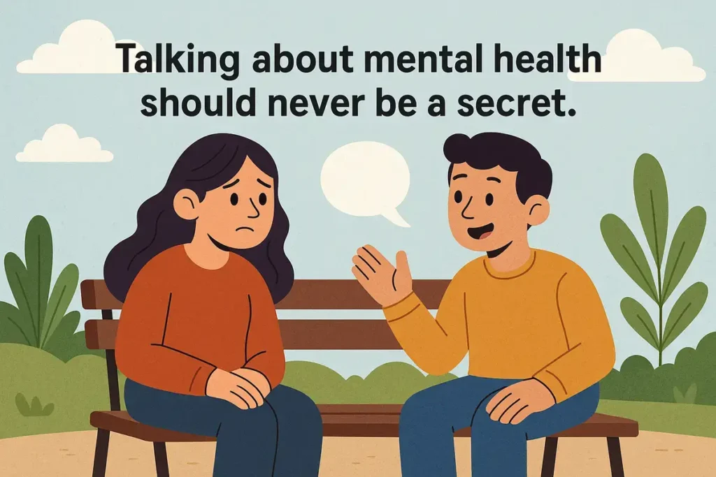 Cartoon characters discussing mental health on park bench.