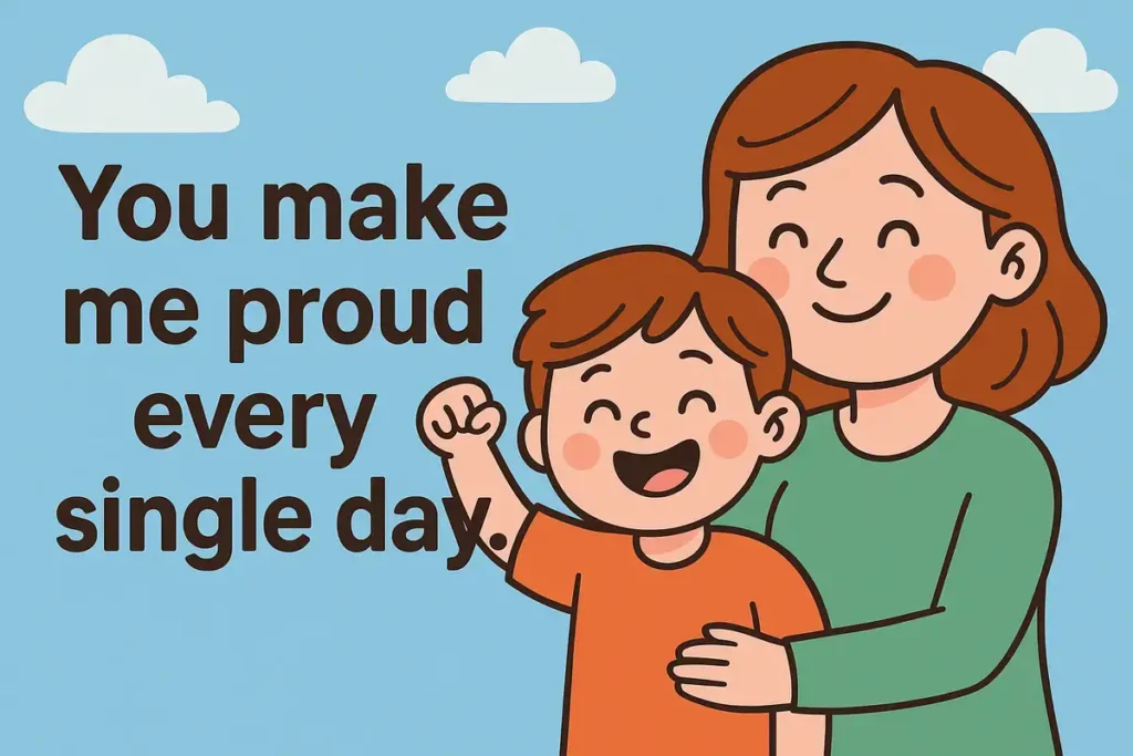 Cartoon of proud mom with happy child and text "You make me proud every single day"